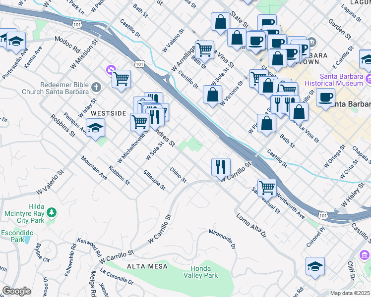 map of restaurants, bars, coffee shops, grocery stores, and more near 1310 San Andres Street in Santa Barbara