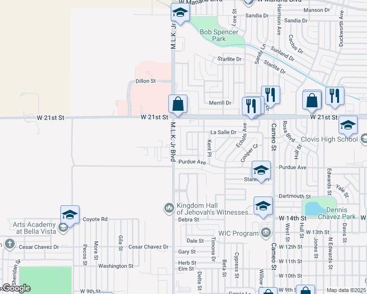 map of restaurants, bars, coffee shops, grocery stores, and more near 552 La Salle Drive in Clovis