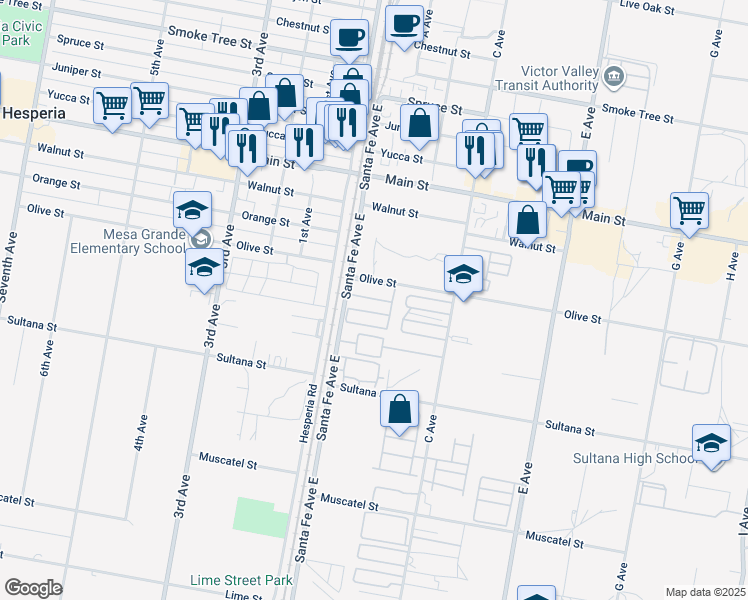 map of restaurants, bars, coffee shops, grocery stores, and more near 9161 Santa Fe Avenue East in Hesperia