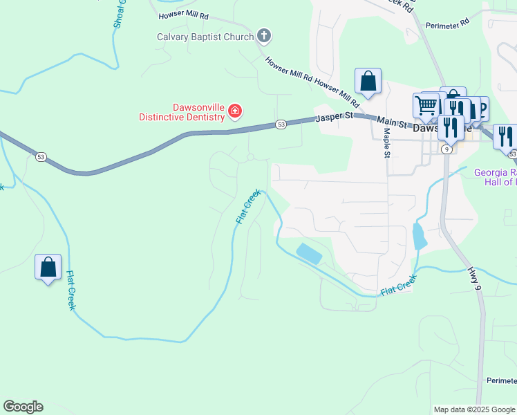 map of restaurants, bars, coffee shops, grocery stores, and more near 240 Brookstone Trail in Dawsonville