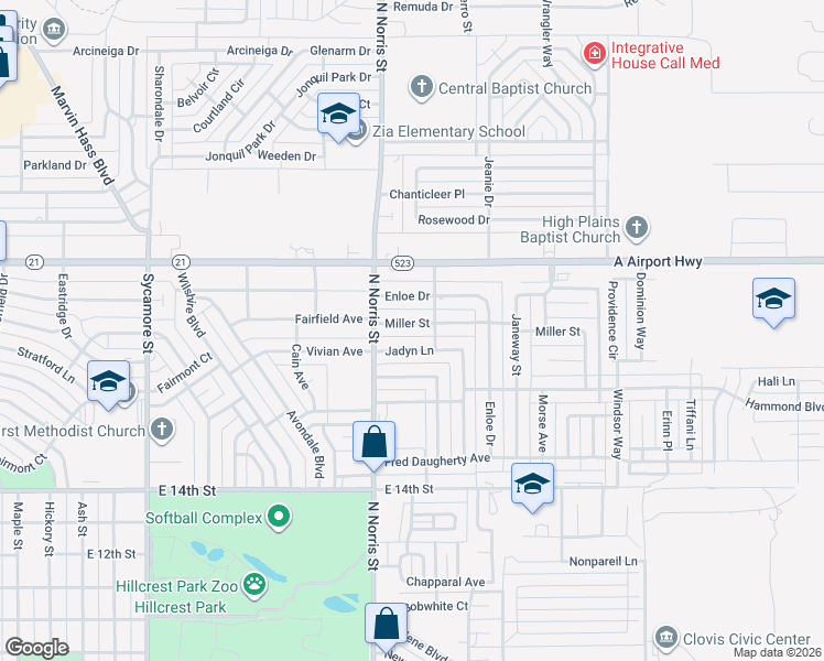 map of restaurants, bars, coffee shops, grocery stores, and more near 1912 Miller Street in Clovis