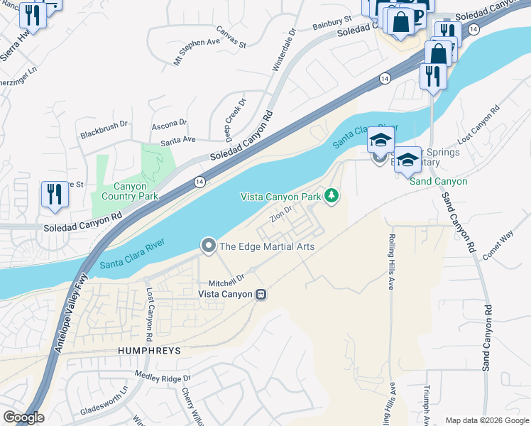 map of restaurants, bars, coffee shops, grocery stores, and more near 17107 Zion Drive in Santa Clarita