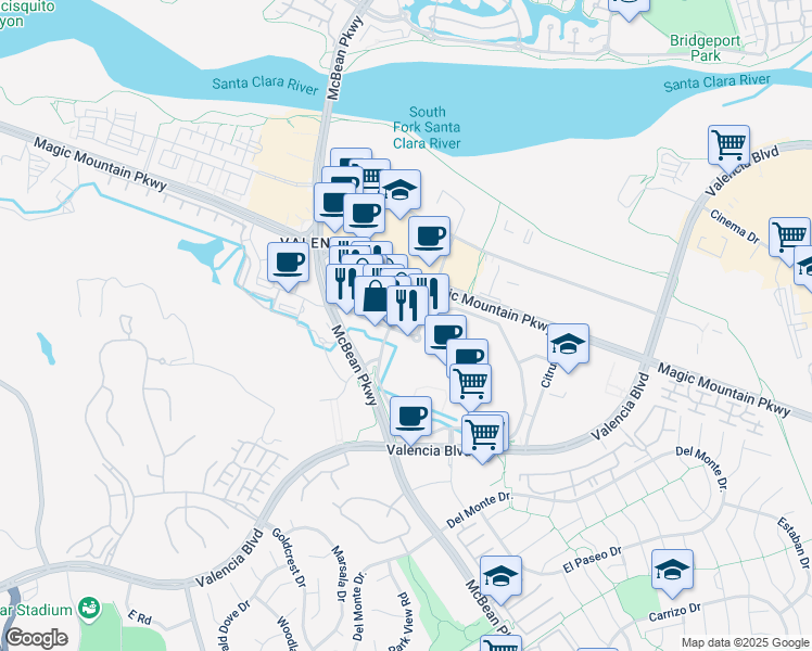 map of restaurants, bars, coffee shops, grocery stores, and more near 24201 Valencia Boulevard in Santa Clarita