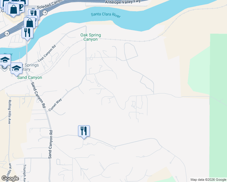 map of restaurants, bars, coffee shops, grocery stores, and more near 28132 Oak Springs Canyon Road in Santa Clarita