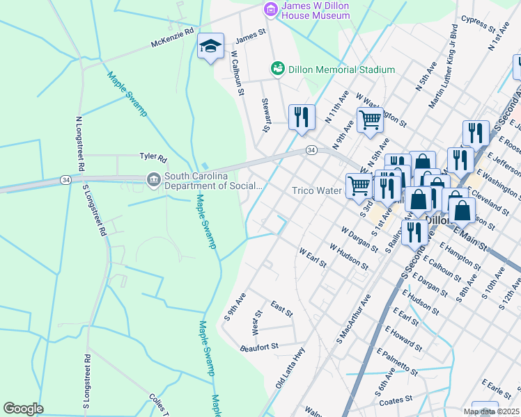 map of restaurants, bars, coffee shops, grocery stores, and more near 702 West Hudson Street in Dillon
