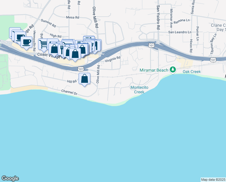 map of restaurants, bars, coffee shops, grocery stores, and more near 43 Seaview Drive in Montecito