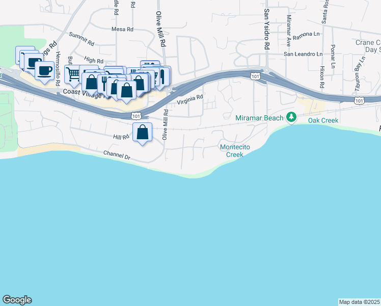 map of restaurants, bars, coffee shops, grocery stores, and more near 43 Seaview Drive in Santa Barbara