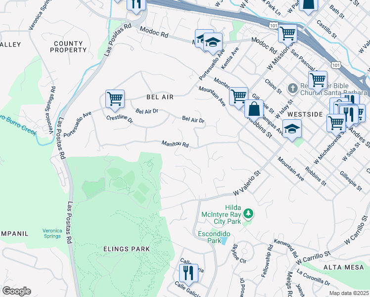 map of restaurants, bars, coffee shops, grocery stores, and more near 1321 Manitou Road in Santa Barbara