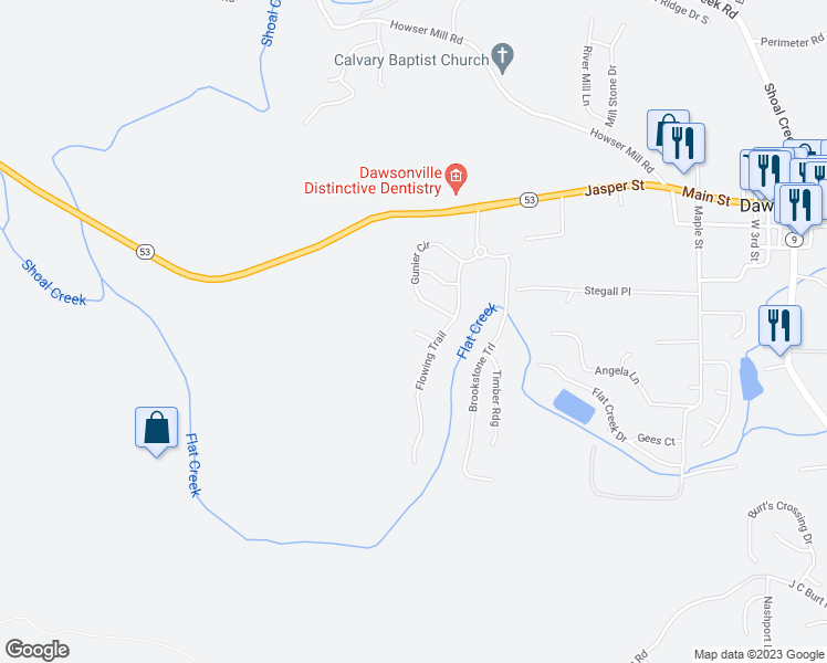 map of restaurants, bars, coffee shops, grocery stores, and more near 18 Hartwell Lane in Dawsonville