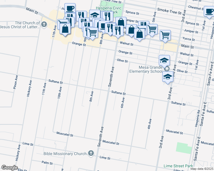 map of restaurants, bars, coffee shops, grocery stores, and more near 9154 Seventh Avenue in Hesperia