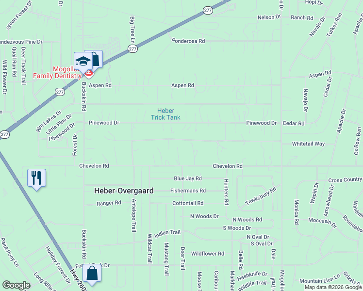 map of restaurants, bars, coffee shops, grocery stores, and more near 3055 Pinewood Drive in Heber-Overgaard
