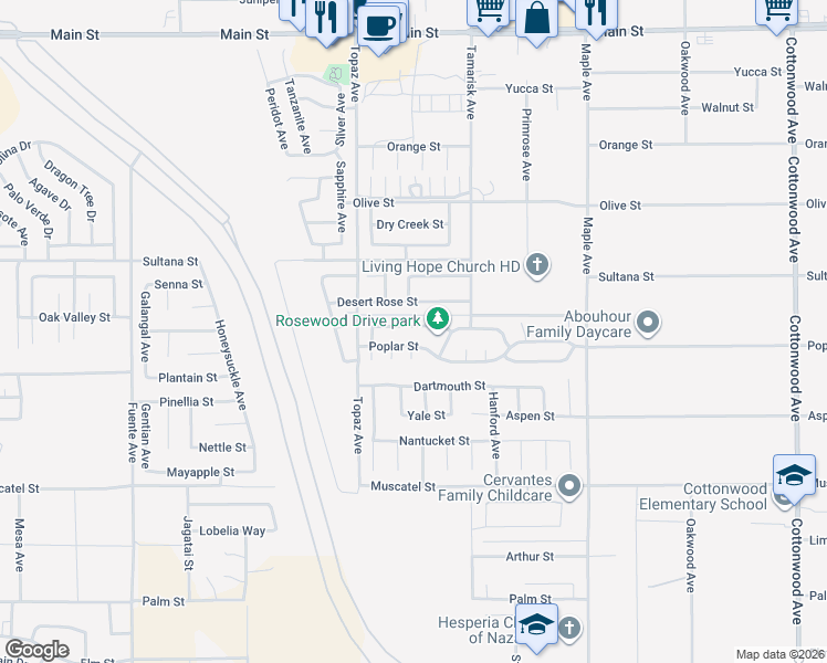map of restaurants, bars, coffee shops, grocery stores, and more near 14191 Rosewood Drive in Hesperia
