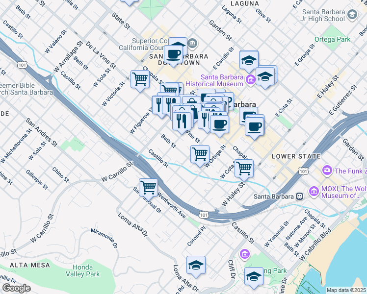 map of restaurants, bars, coffee shops, grocery stores, and more near 828 Bath Street in Santa Barbara
