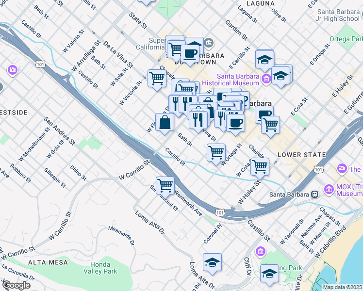 map of restaurants, bars, coffee shops, grocery stores, and more near 907 Bath Street in Santa Barbara