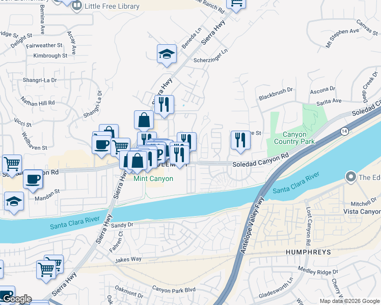 map of restaurants, bars, coffee shops, grocery stores, and more near 18223 Soledad Canyon Road in Santa Clarita