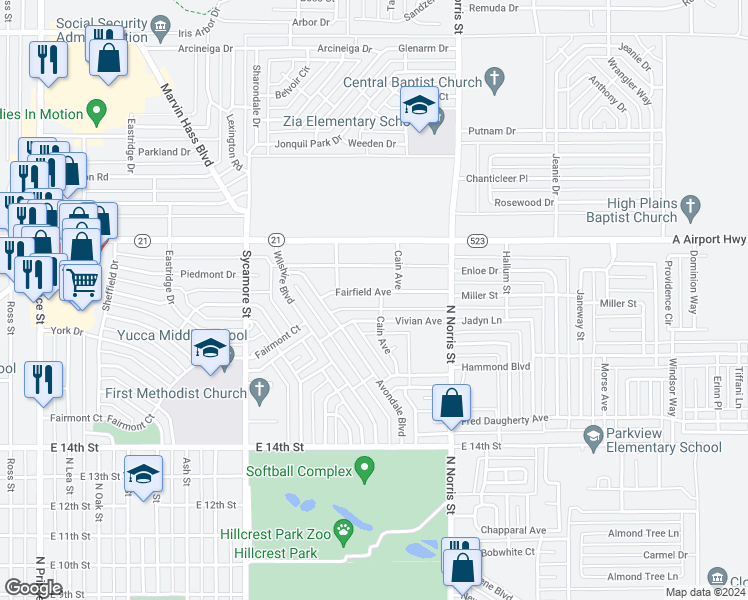 map of restaurants, bars, coffee shops, grocery stores, and more near 1921 Fairfield Avenue in Clovis