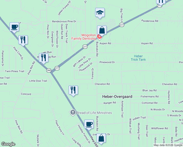 map of restaurants, bars, coffee shops, grocery stores, and more near 3324 Forest Drive in Heber-Overgaard