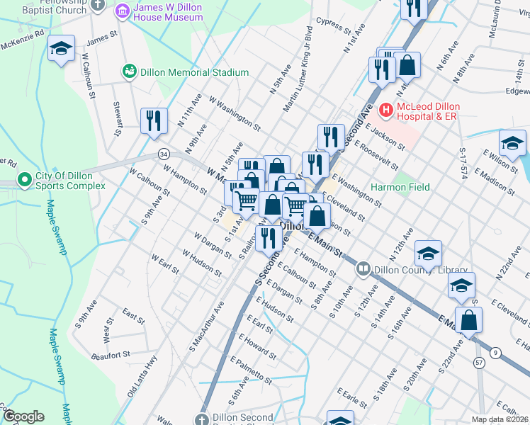 map of restaurants, bars, coffee shops, grocery stores, and more near 100 West Main Street in Dillon