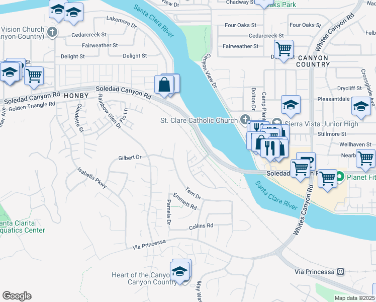 map of restaurants, bars, coffee shops, grocery stores, and more near 26956 Trestles Drive in Santa Clarita