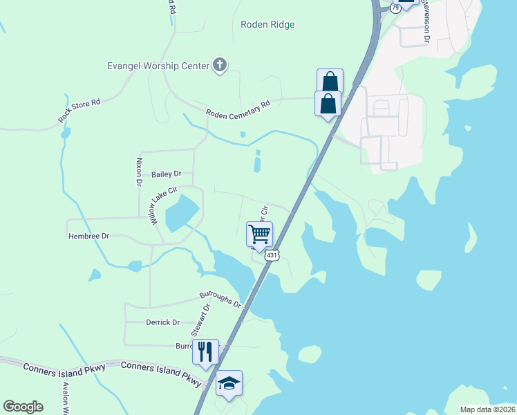 map of restaurants, bars, coffee shops, grocery stores, and more near 96 Kennamer Circle in Guntersville