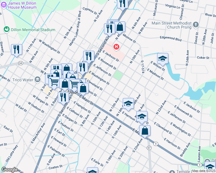 map of restaurants, bars, coffee shops, grocery stores, and more near 408 East Washington Street in Dillon