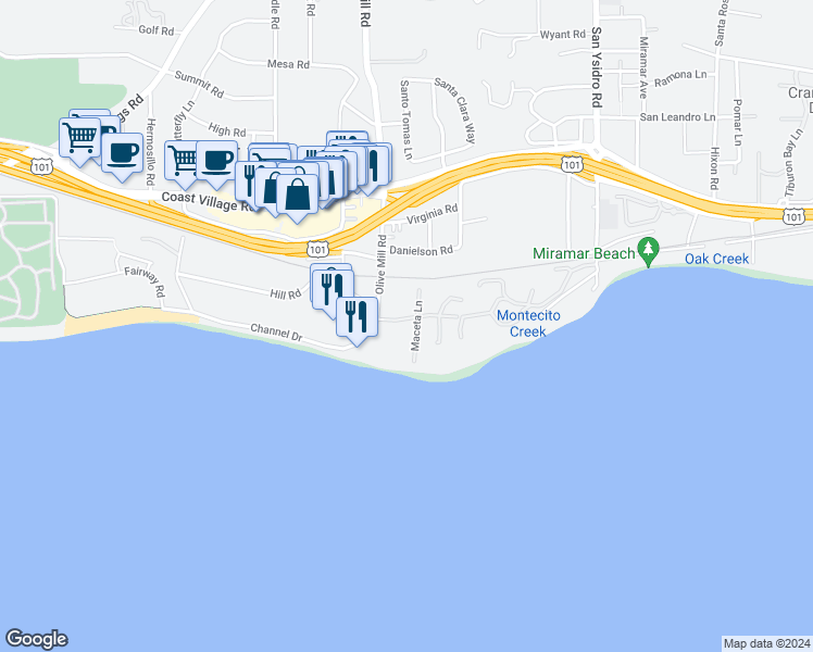 map of restaurants, bars, coffee shops, grocery stores, and more near 50 Olive Mill Road in Montecito