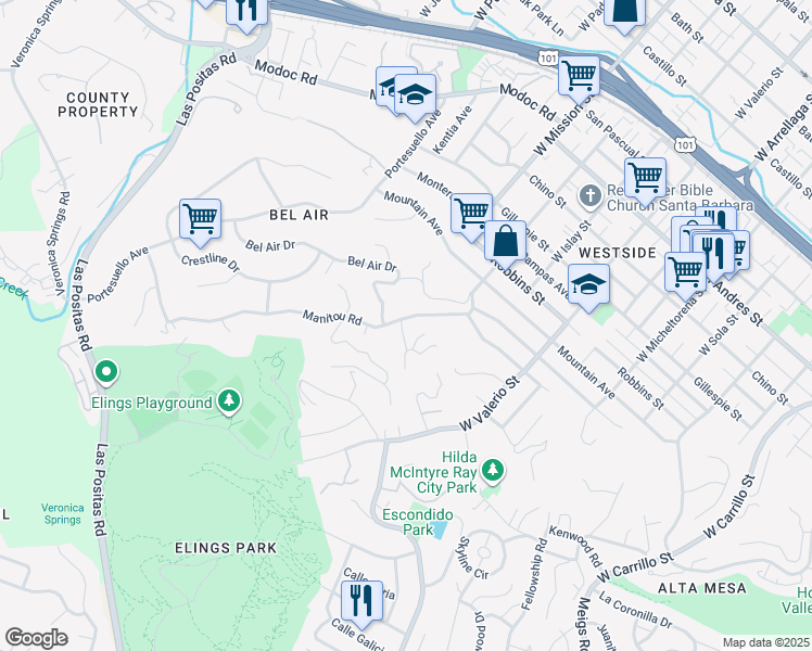 map of restaurants, bars, coffee shops, grocery stores, and more near 1228 Manitou Road in Santa Barbara