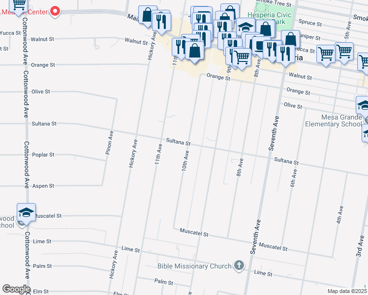 map of restaurants, bars, coffee shops, grocery stores, and more near 9179 10th Avenue in Hesperia