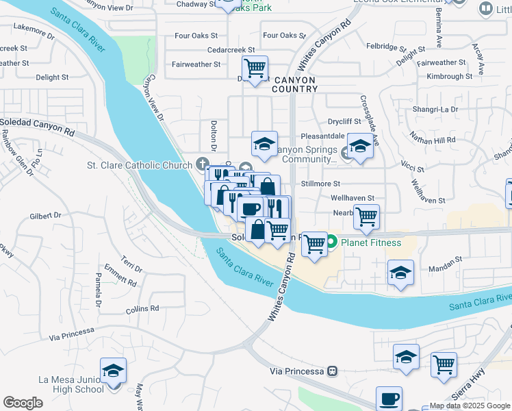 map of restaurants, bars, coffee shops, grocery stores, and more near 27266 Camp Plenty Road in Santa Clarita