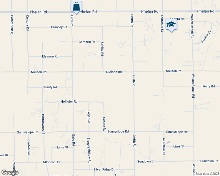 map of restaurants, bars, coffee shops, grocery stores, and more near Eaby Road in Phelan