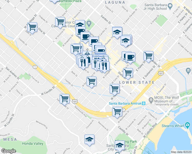 map of restaurants, bars, coffee shops, grocery stores, and more near 722 De La Vina Street in Santa Barbara