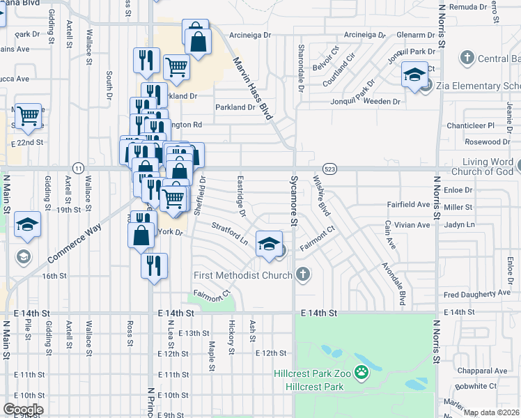 map of restaurants, bars, coffee shops, grocery stores, and more near 1412 Claremont Terrace in Clovis