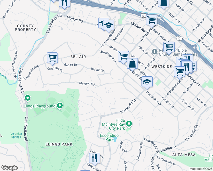 map of restaurants, bars, coffee shops, grocery stores, and more near 1228 Manitou Road in Santa Barbara