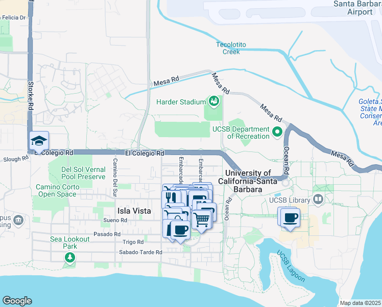 map of restaurants, bars, coffee shops, grocery stores, and more near 6520 El Colegio Road in Isla Vista