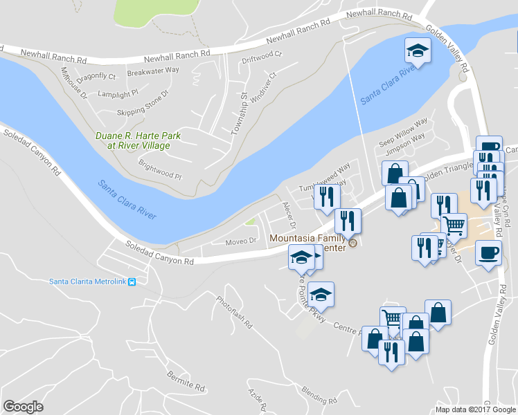 map of restaurants, bars, coffee shops, grocery stores, and more near 21789 Propello Drive in Santa Clarita