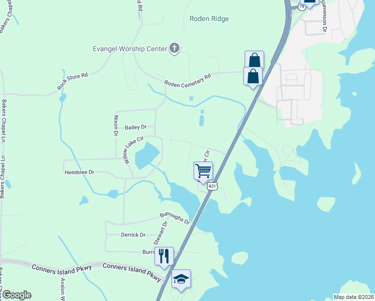map of restaurants, bars, coffee shops, grocery stores, and more near 96 Kennamer Circle in Guntersville