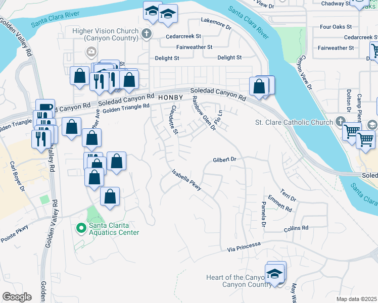 map of restaurants, bars, coffee shops, grocery stores, and more near 26774 Claudette Street in Santa Clarita