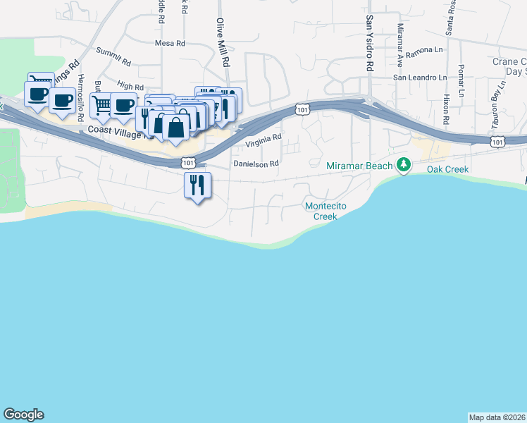 map of restaurants, bars, coffee shops, grocery stores, and more near 50 Olive Mill Road in Montecito