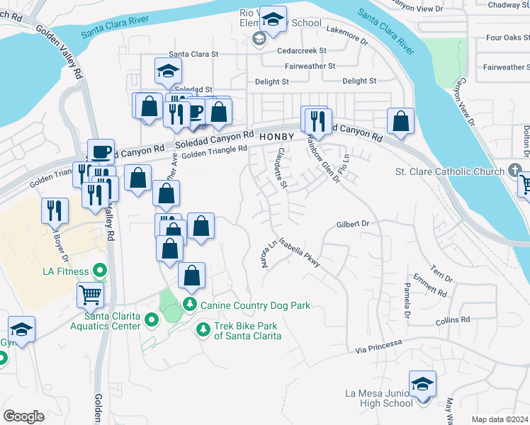 map of restaurants, bars, coffee shops, grocery stores, and more near 26715 Isabella Parkway in Santa Clarita