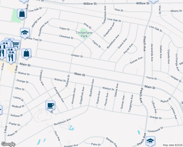 map of restaurants, bars, coffee shops, grocery stores, and more near 18010 Main Street in Hesperia