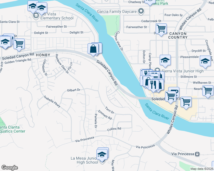 map of restaurants, bars, coffee shops, grocery stores, and more near 26944 Trestles Drive in Santa Clarita