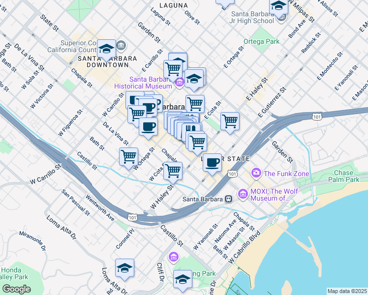 map of restaurants, bars, coffee shops, grocery stores, and more near 539 State Street in Santa Barbara