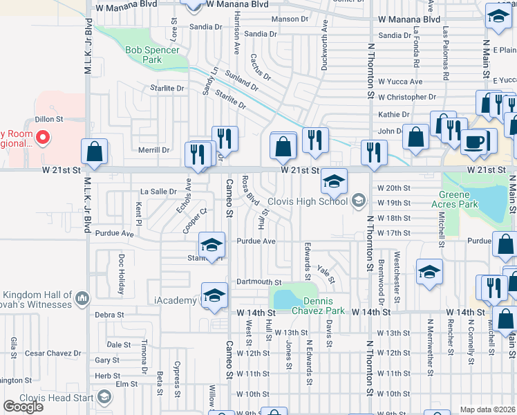 map of restaurants, bars, coffee shops, grocery stores, and more near 205 Rosa Boulevard in Clovis