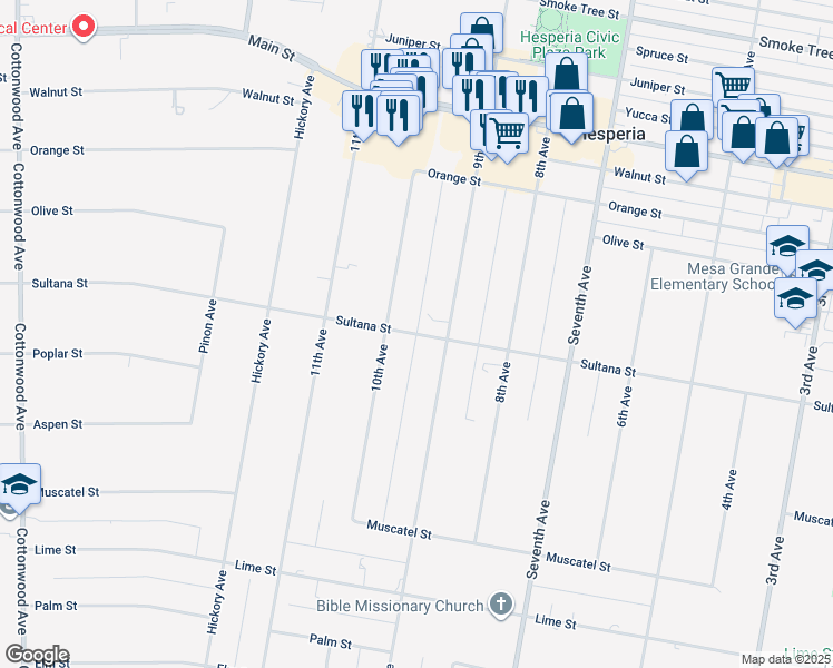 map of restaurants, bars, coffee shops, grocery stores, and more near Sultana Street in Hesperia