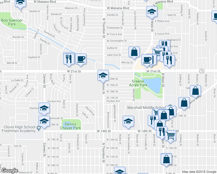 map of restaurants, bars, coffee shops, grocery stores, and more near 717 West 19th Street in Clovis