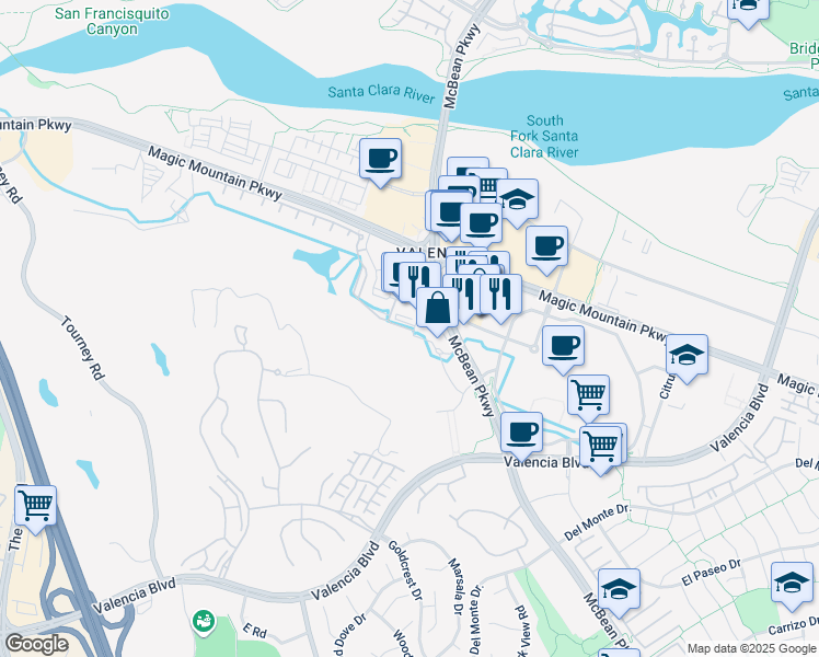 map of restaurants, bars, coffee shops, grocery stores, and more near 24502 Town Center Drive in Santa Clarita