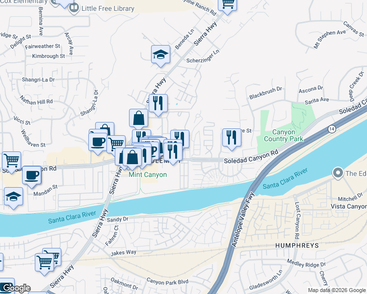 map of restaurants, bars, coffee shops, grocery stores, and more near 18223 Soledad Canyon Road in Santa Clarita