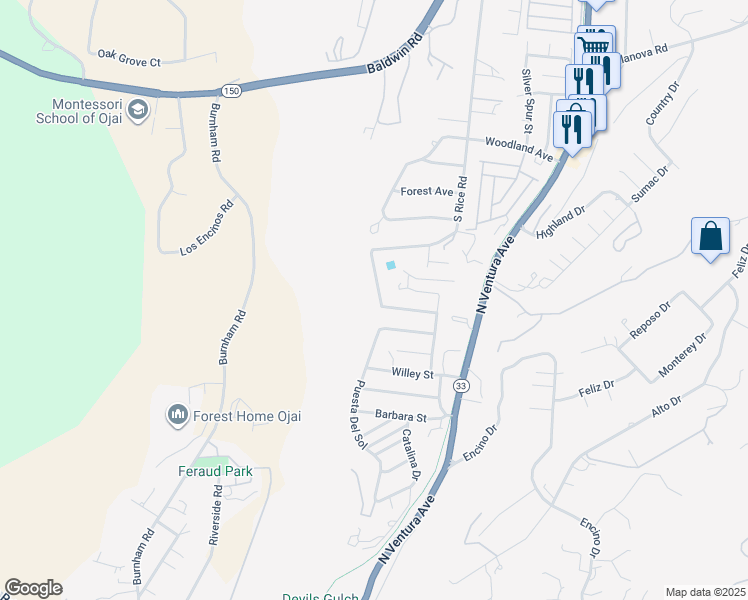 map of restaurants, bars, coffee shops, grocery stores, and more near 2531 Bonmark Drive in Ojai