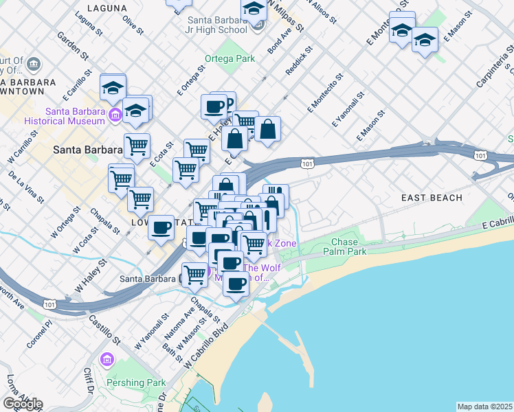 map of restaurants, bars, coffee shops, grocery stores, and more near Garden St & Yanonali St in Santa Barbara