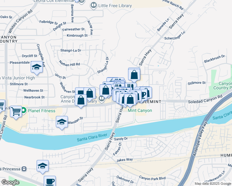 map of restaurants, bars, coffee shops, grocery stores, and more near 18517 Soledad Canyon Road in Santa Clarita